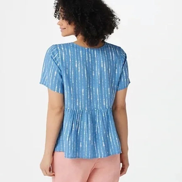 Denim & Co. Naturals Printed Linen Blend Peplum Blouse Plus Size 2X Blue/White - Picture 4 of 11